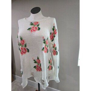 Distressed Floral Knit Sweater With Pink Rose Print - Womens L - ROMWE
